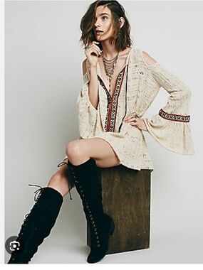 Free People Cream Boho Cold-Shoulder Tunic with Embroidered Trim